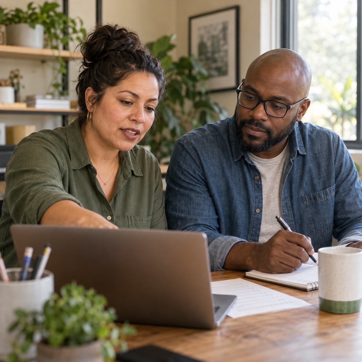Illustrative scene: two colleagues reviewing a customer inquiry and follow-up notes