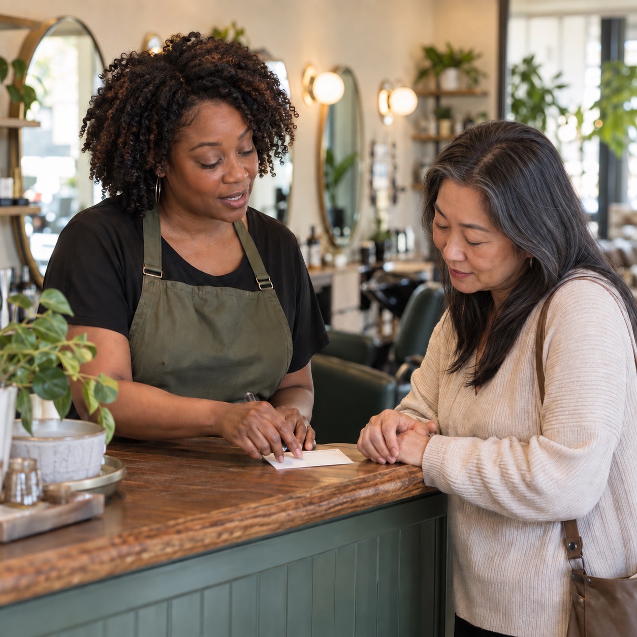 Illustrative scene: a salon owner explaining the next appointment to a customer