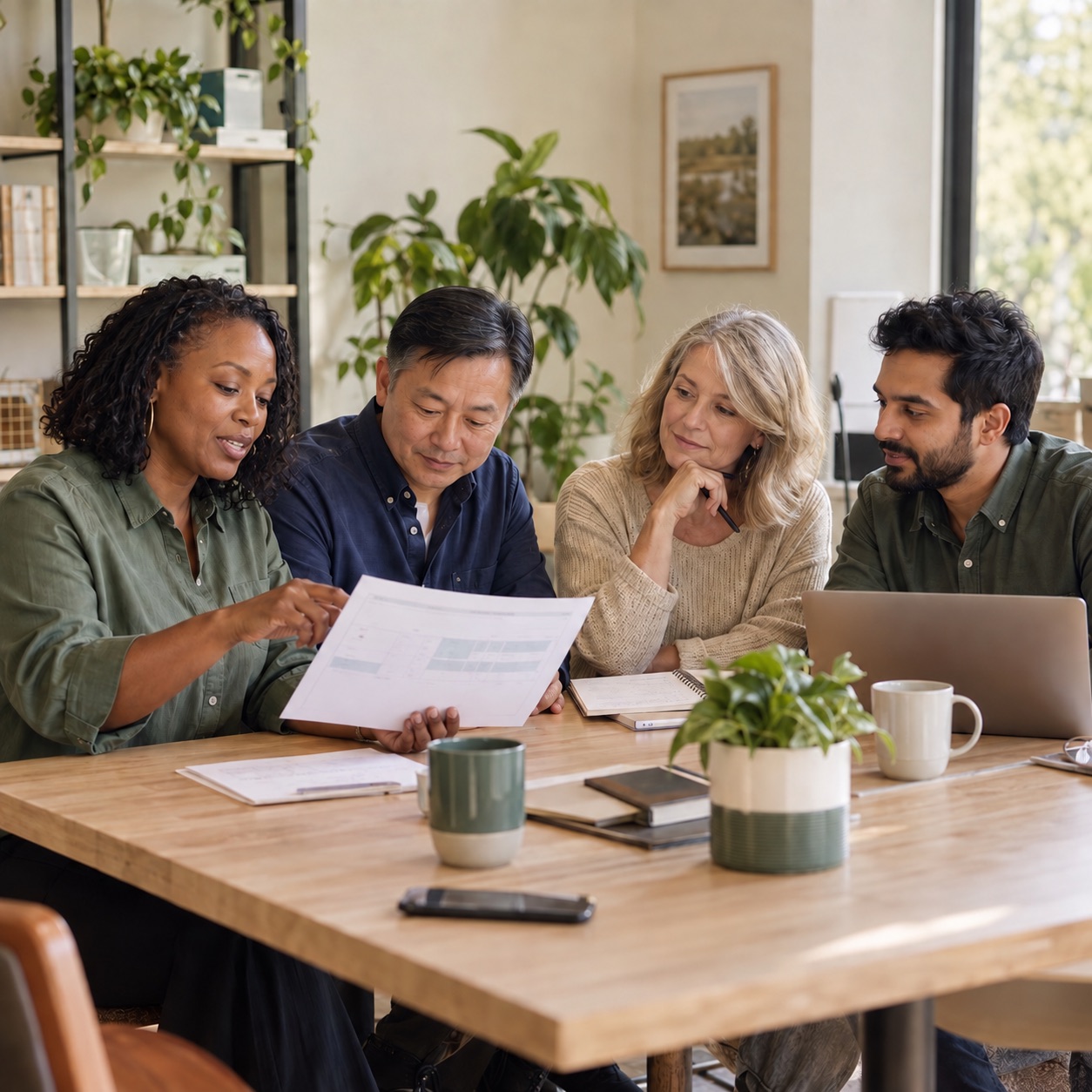 Illustrative scene: four colleagues reviewing a weekly work plan