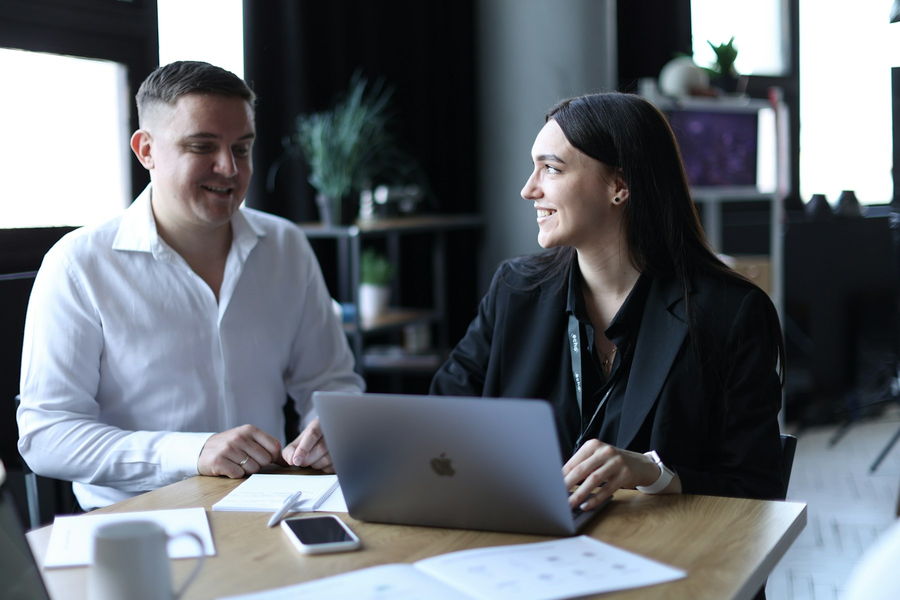 Two people having a focused business conversation