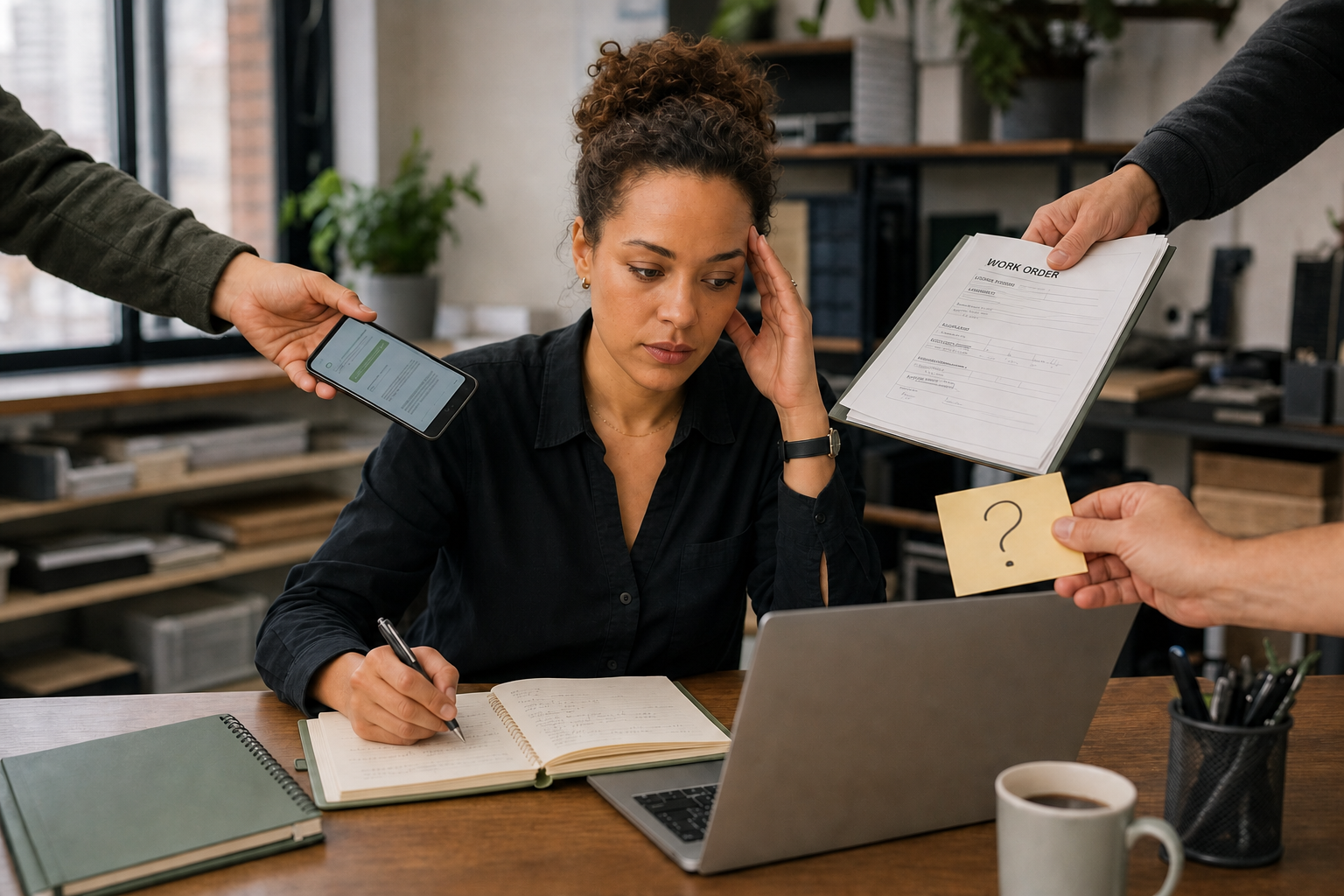 Illustrative scene: a business owner handling several requests at once